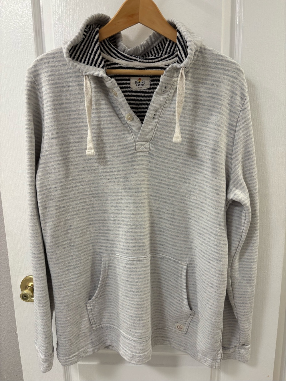Marine Layer Portola Beach Hoodie Striped Pullover - Gray Cream Kangaroo Pocket